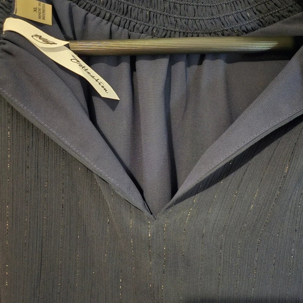 NY Collection Women's Mock Neck Navy Blue Silver Mettalic Stripe Blouse Size XL - Picture 5 of 14